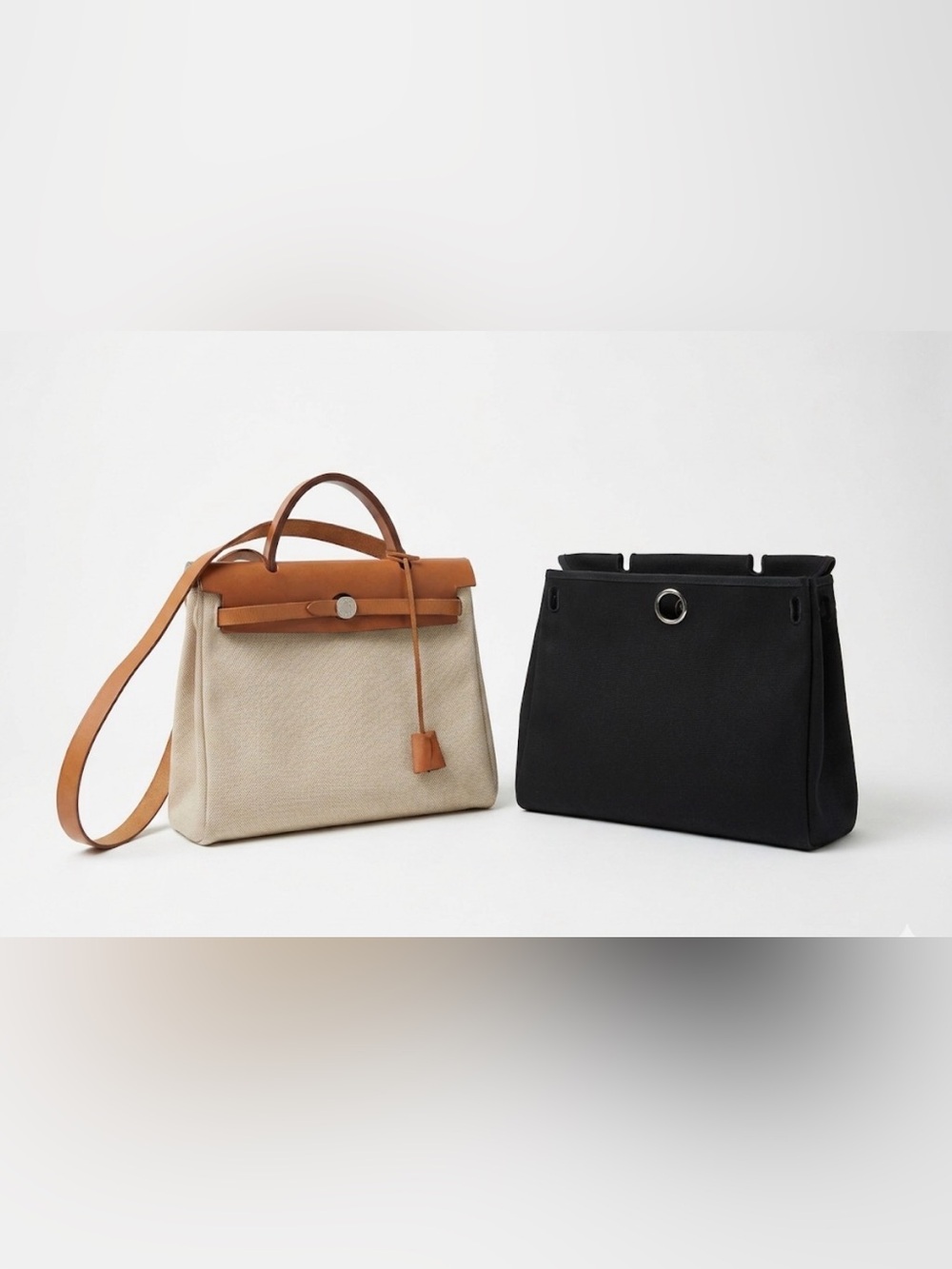 Hermes Herbag PM 2-in-1 Shoulder Bag Black & Beige Toile Canvas TanHunter Leathe